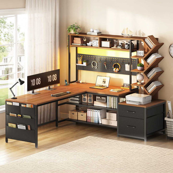 SEDETA 62.2 Inch L Shaped Gaming Desk with Hutch Convertible 97.6 Inch Two Person Office Desk with Drawers and Bookshelf Corner Computer Desk with Power Outlet LED Lights Pegboard