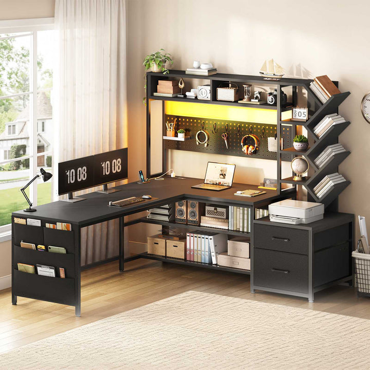 SEDETA 62.2 Inch L Shaped Gaming Desk with Hutch Convertible 97.6 Inch Two Person Office Desk with Drawers and Bookshelf Corner Computer Desk with Power Outlet LED Lights Pegboard