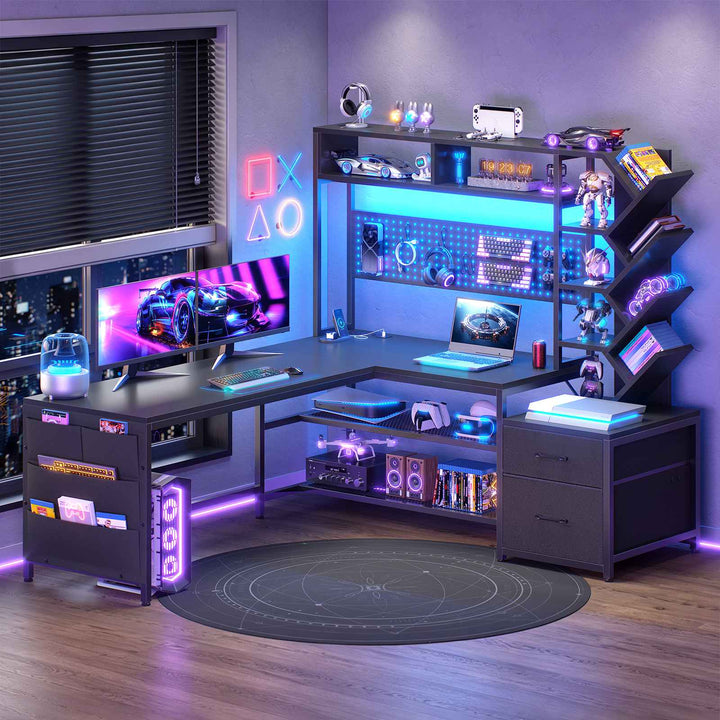 SEDETA 62.2 Inch L Shaped Gaming Desk with Hutch Convertible 97.6 Inch Two Person Office Desk with Drawers and Bookshelf Corner Computer Desk with Power Outlet LED Lights Pegboard