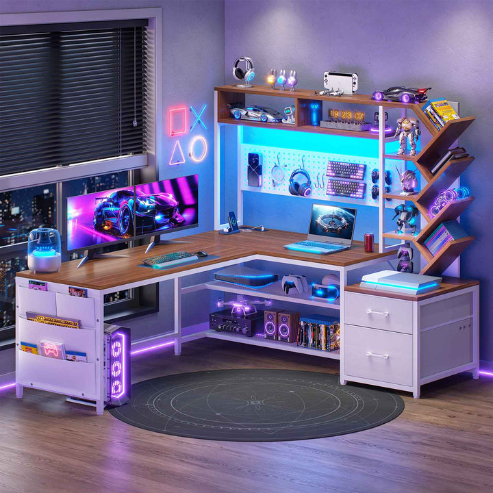 SEDETA 62.2 Inch L Shaped Gaming Desk with Hutch Convertible 97.6 Inch Two Person Office Desk with Drawers and Bookshelf Corner Computer Desk with Power Outlet LED Lights Pegboard