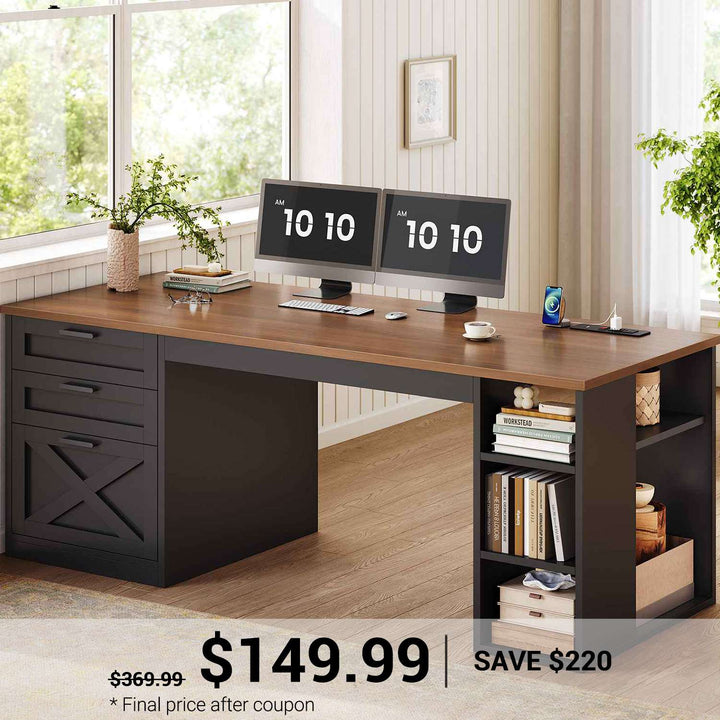 SEDETA | 55.1 Inch Computer Desk with File Drawer and Storage Shelves Farmhouse Office Desk Executive Desk with Power Outlet