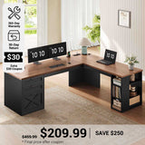 SEDETA 67 Inch Farmhouse L Shaped Computer Desk with 3 Drawers, Home Office Executive Desk with Storage Shelves, Power Outlets
