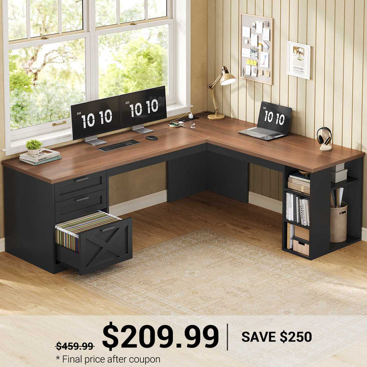 SEDETA 67 Inch Farmhouse L Shaped Computer Desk with 3 Drawers, Home Office Executive Desk with Storage Shelves, Power Outlets