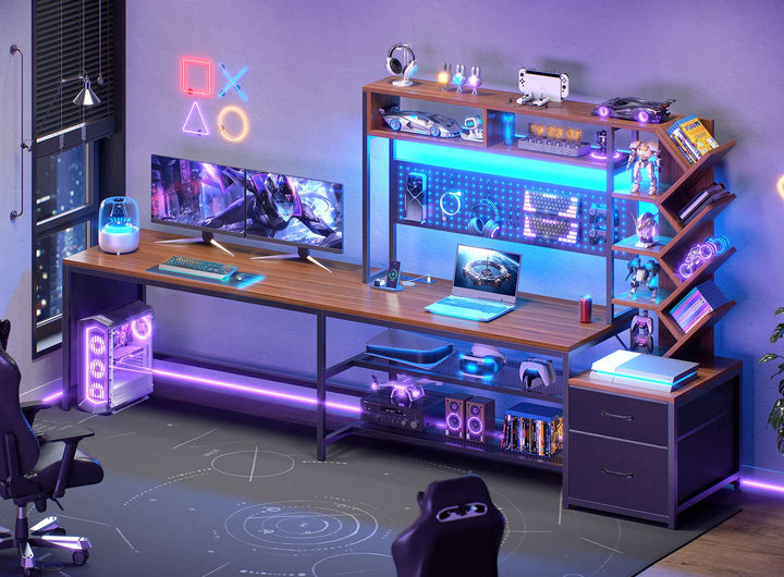 SEDETA 62.2 Inch L Shaped Gaming Desk with Hutch Convertible 97.6 Inch Two Person Office Desk with Drawers and Bookshelf Corner Computer Desk with Power Outlet LED Lights Pegboard