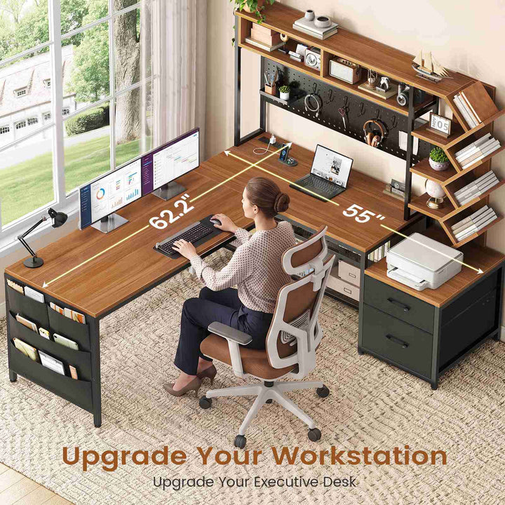 SEDETA 62.2 Inch L Shaped Gaming Desk with Hutch Convertible 97.6 Inch Two Person Office Desk with Drawers and Bookshelf Corner Computer Desk with Power Outlet LED Lights Pegboard