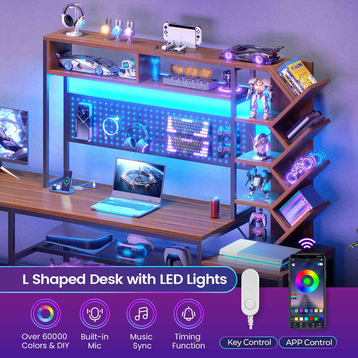 SEDETA 62.2 Inch L Shaped Gaming Desk with Hutch Convertible 97.6 Inch Two Person Office Desk with Drawers and Bookshelf Corner Computer Desk with Power Outlet LED Lights Pegboard