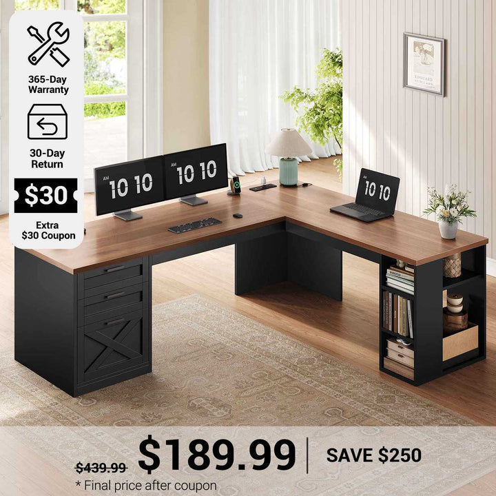 SEDETA® 67 Inch Farmhouse L Shaped Computer Desk with 3 Drawers Home Office Executive Desk with Storage Shelves and Power Outlets