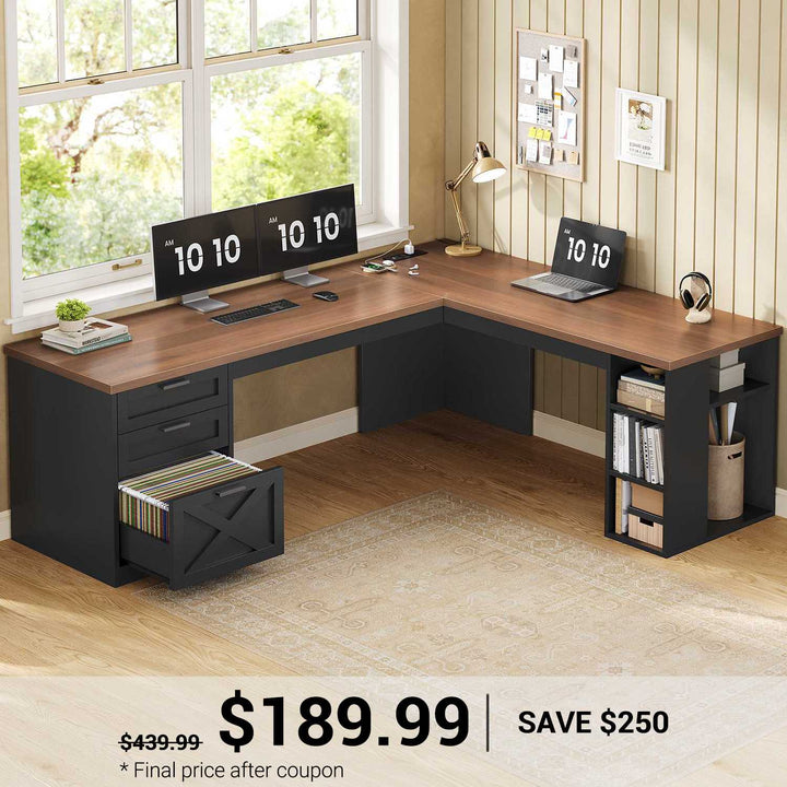 SEDETA® 67 Inch Farmhouse L Shaped Computer Desk with 3 Drawers Home Office Executive Desk with Storage Shelves and Power Outlets