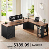 SEDETA |  67 Inch L Shaped Farmhouse Executive Computer Desk Home Office with Power Outlets 3 Drawers and Storage Shelves