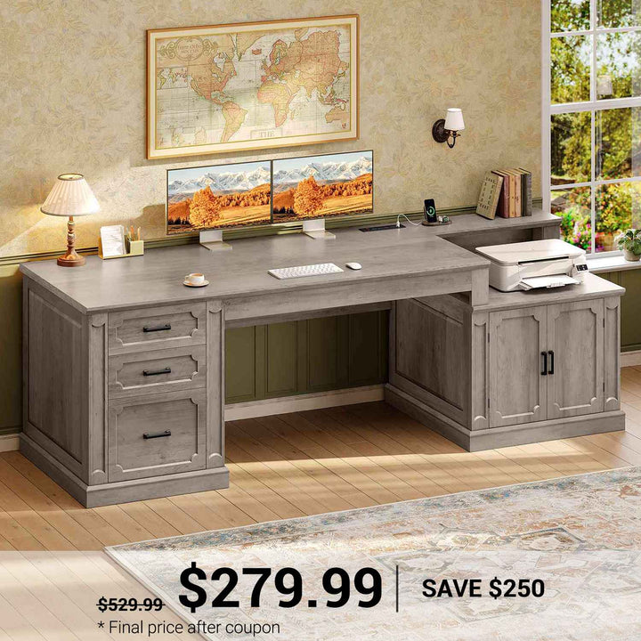 SEDETA 70.9 Inch Farmhouse Executive Desk Vintage Computer Desk Home Office with Drawers Storage Cabinet Desk Printer Stand Power Outlet