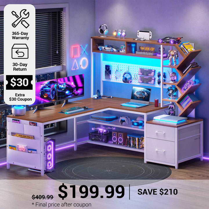 SEDETA® 62.2 Inch L Shaped Gaming Desk with LED Lights  Power Outlet Convertible 97.6 Inch Two Person Office Desk with Drawers and Bookshelf