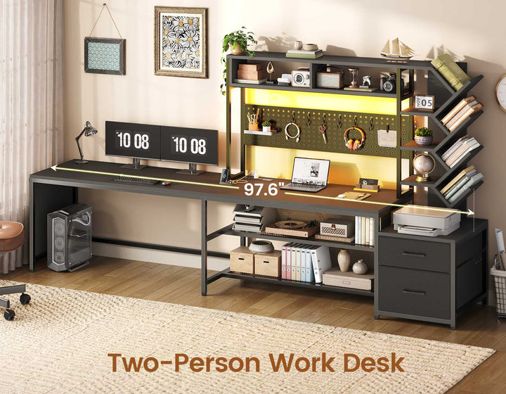 SEDETA 62.2 Inch L Shaped Gaming Desk with Hutch Convertible 97.6 Inch Two Person Office Desk with Drawers and Bookshelf Corner Computer Desk with Power Outlet LED Lights Pegboard