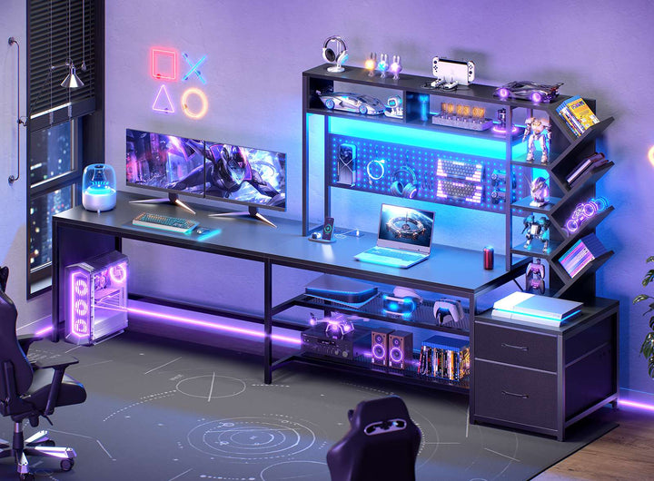 SEDETA 62.2 Inch L Shaped Gaming Desk with Hutch Convertible 97.6 Inch Two Person Office Desk with Drawers and Bookshelf Corner Computer Desk with Power Outlet LED Lights Pegboard