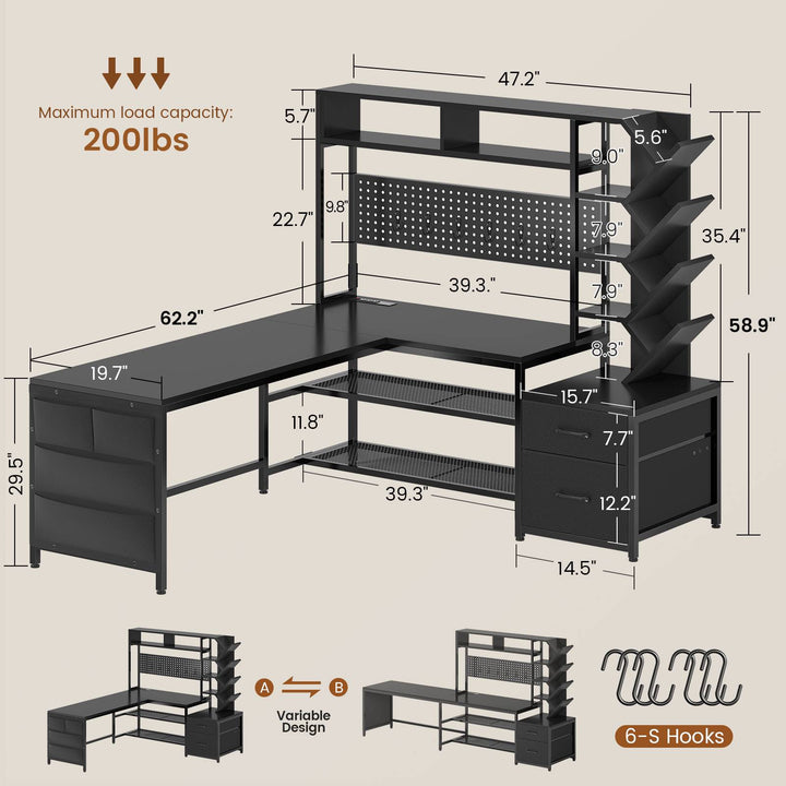 SEDETA 62.2 Inch L Shaped Gaming Desk with Hutch Convertible 97.6 Inch Two Person Office Desk with Drawers and Bookshelf Corner Computer Desk with Power Outlet LED Lights Pegboard