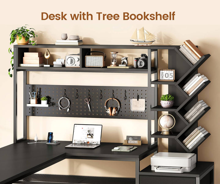 SEDETA 62.2 Inch L Shaped Gaming Desk with Hutch Convertible 97.6 Inch Two Person Office Desk with Drawers and Bookshelf Corner Computer Desk with Power Outlet LED Lights Pegboard