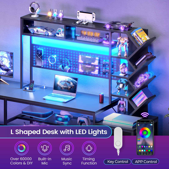 SEDETA 62.2 Inch L Shaped Gaming Desk with Hutch Convertible 97.6 Inch Two Person Office Desk with Drawers and Bookshelf Corner Computer Desk with Power Outlet LED Lights Pegboard