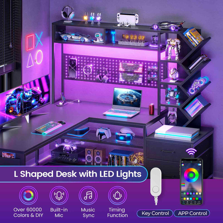 SEDETA 62.2 Inch L Shaped Gaming Desk with Hutch Convertible 97.6 Inch Two Person Office Desk with Drawers and Bookshelf Corner Computer Desk with Power Outlet LED Lights Pegboard