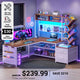 SEDETA 62.2 Inch L Shaped Gaming Desk with Hutch Convertible 97.6 Inch Two Person Office Desk with Drawers and Bookshelf Corner Computer Desk with Power Outlet LED Lights Pegboard