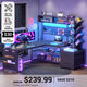 SEDETA 62.2 Inch L Shaped Gaming Desk with Hutch Convertible 97.6 Inch Two Person Office Desk with Drawers and Bookshelf Corner Computer Desk with Power Outlet LED Lights Pegboard