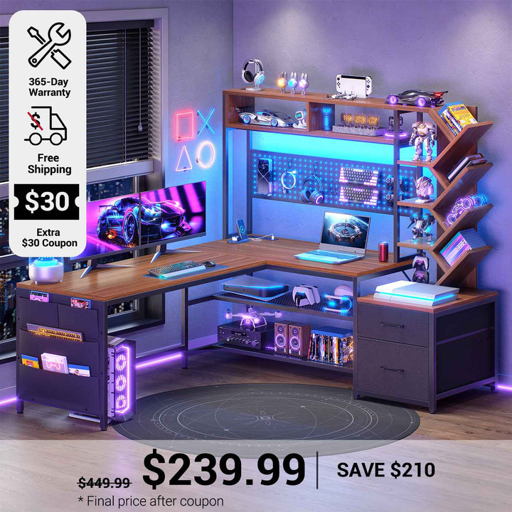 SEDETA 62.2 Inch L Shaped Gaming Desk with Hutch Convertible 97.6 Inch Two Person Office Desk with Drawers and Bookshelf Corner Computer Desk with Power Outlet LED Lights Pegboard
