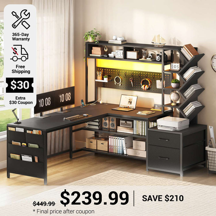 SEDETA 62.2 Inch L Shaped Gaming Desk with Hutch Convertible 97.6 Inch Two Person Office Desk with Drawers and Bookshelf Corner Computer Desk with Power Outlet LED Lights Pegboard
