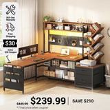 SEDETA 62.2 Inch L Shaped Gaming Desk with Hutch Convertible 97.6 Inch Two Person Office Desk with Drawers and Bookshelf Corner Computer Desk with Power Outlet LED Lights Pegboard