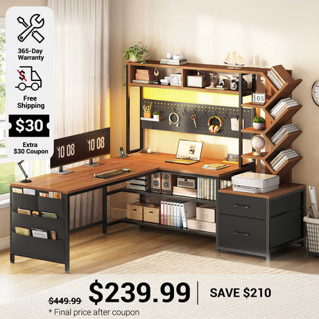 SEDETA 62.2 Inch L Shaped Gaming Desk with Hutch Convertible 97.6 Inch Two Person Office Desk with Drawers and Bookshelf Corner Computer Desk with Power Outlet LED Lights Pegboard