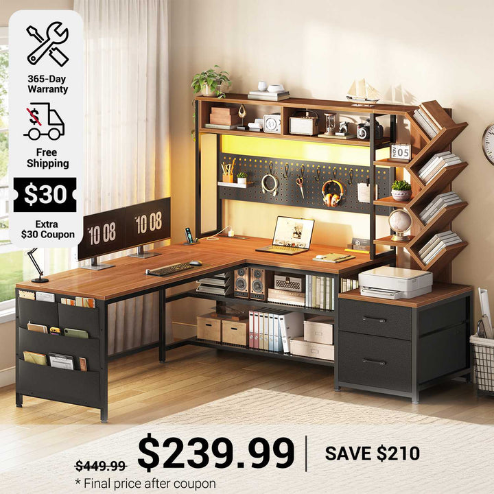 SEDETA 62.2 Inch L Shaped Gaming Desk with Hutch Convertible 97.6 Inch Two Person Office Desk with Drawers and Bookshelf Corner Computer Desk with Power Outlet LED Lights Pegboard