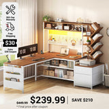 SEDETA 62.2 Inch L Shaped Gaming Desk with Hutch Convertible 97.6 Inch Two Person Office Desk with Drawers and Bookshelf Corner Computer Desk with Power Outlet LED Lights Pegboard