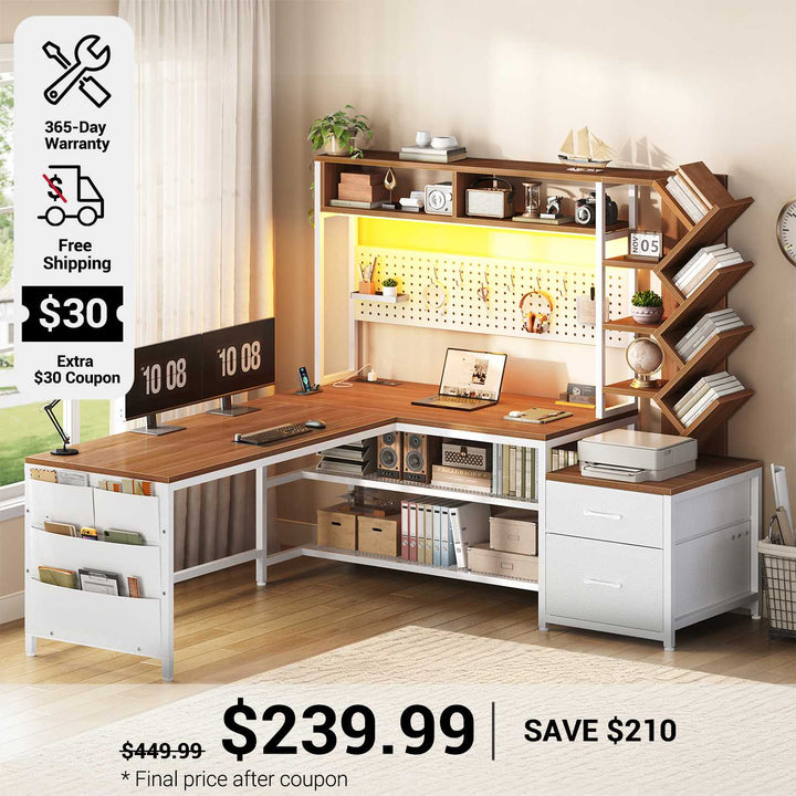 SEDETA 62.2 Inch L Shaped Gaming Desk with Hutch Convertible 97.6 Inch Two Person Office Desk with Drawers and Bookshelf Corner Computer Desk with Power Outlet LED Lights Pegboard