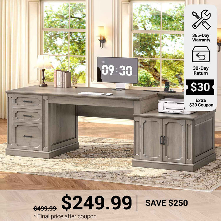 SEDETA® 70.9 Inch Vintage Computer Desk with Printer Stand & Power Outlet, Farmhouse Executive Home Office Desk, File Drawers, Storage Cabinet