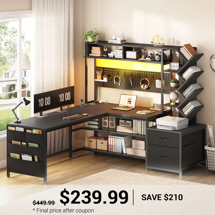 SEDETA 62.2 Inch L Shaped Gaming Desk with Hutch Convertible 97.6 Inch Two Person Office Desk with Drawers and Bookshelf Corner Computer Desk with Power Outlet LED Lights Pegboard