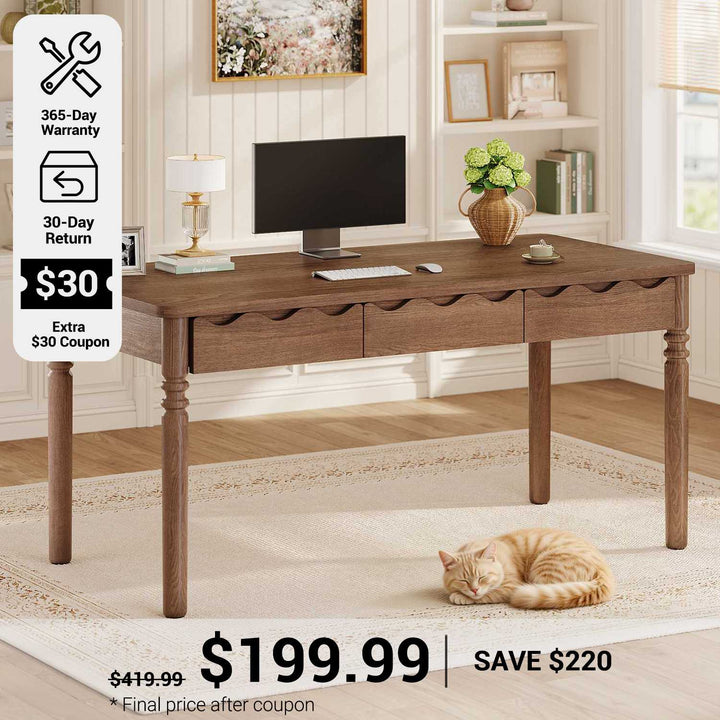 SEDETA® 47 Inch Solid Pine Wood Computer Desk with 3 Wood Drawers Executive Home Office Desk for Work Study Writing Bedroom Makeup Vanity Desk