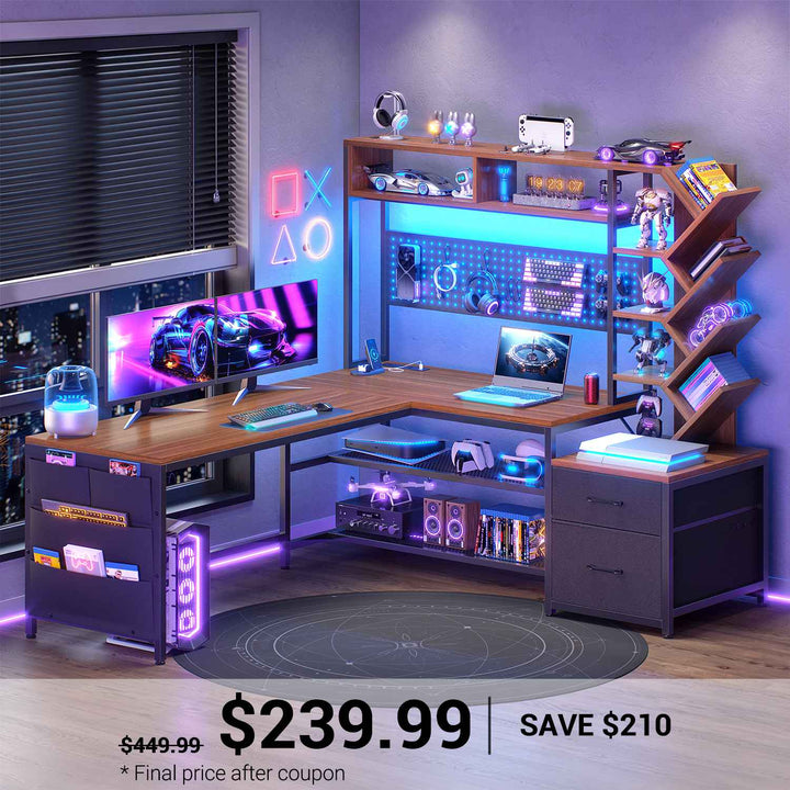 SEDETA 62.2 Inch L Shaped Gaming Desk with Hutch Convertible 97.6 Inch Two Person Office Desk with Drawers and Bookshelf Corner Computer Desk with Power Outlet LED Lights Pegboard