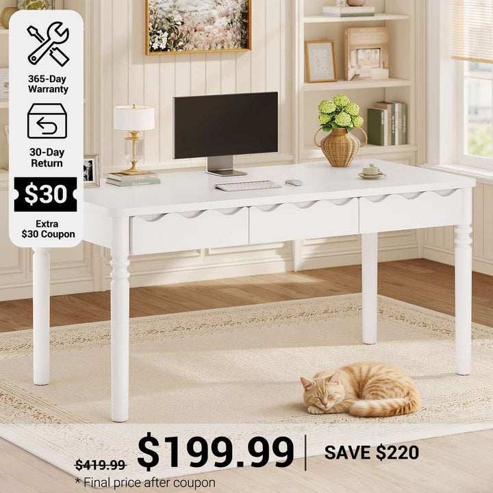 SEDETA® 47 Inch Solid Pine Wood Computer Desk with 3 Wood Drawers Executive Home Office Desk for Work Study Writing Bedroom Makeup Vanity Desk