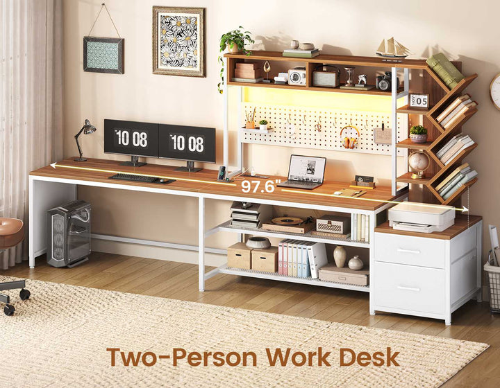 SEDETA 62.2 Inch L Shaped Gaming Desk with Hutch Convertible 97.6 Inch Two Person Office Desk with Drawers and Bookshelf Corner Computer Desk with Power Outlet LED Lights Pegboard