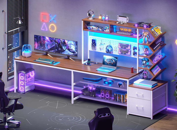 SEDETA 62.2 Inch L Shaped Gaming Desk with Hutch Convertible 97.6 Inch Two Person Office Desk with Drawers and Bookshelf Corner Computer Desk with Power Outlet LED Lights Pegboard