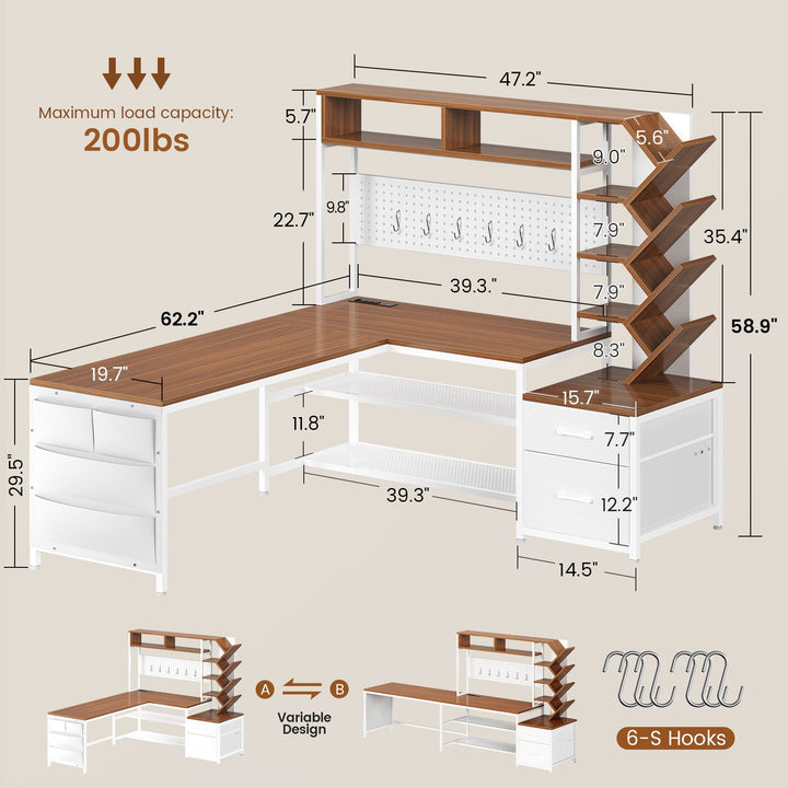 SEDETA 62.2 Inch L Shaped Gaming Desk with Hutch Convertible 97.6 Inch Two Person Office Desk with Drawers and Bookshelf Corner Computer Desk with Power Outlet LED Lights Pegboard