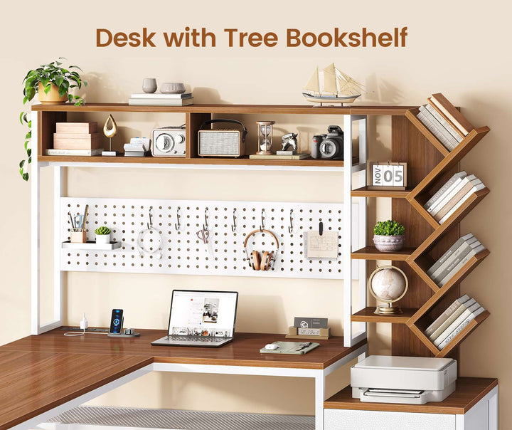 SEDETA 62.2 Inch L Shaped Gaming Desk with Hutch Convertible 97.6 Inch Two Person Office Desk with Drawers and Bookshelf Corner Computer Desk with Power Outlet LED Lights Pegboard