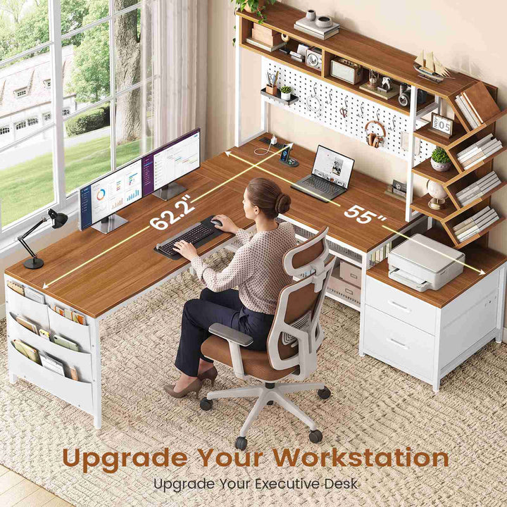 SEDETA 62.2 Inch L Shaped Gaming Desk with Hutch Convertible 97.6 Inch Two Person Office Desk with Drawers and Bookshelf Corner Computer Desk with Power Outlet LED Lights Pegboard