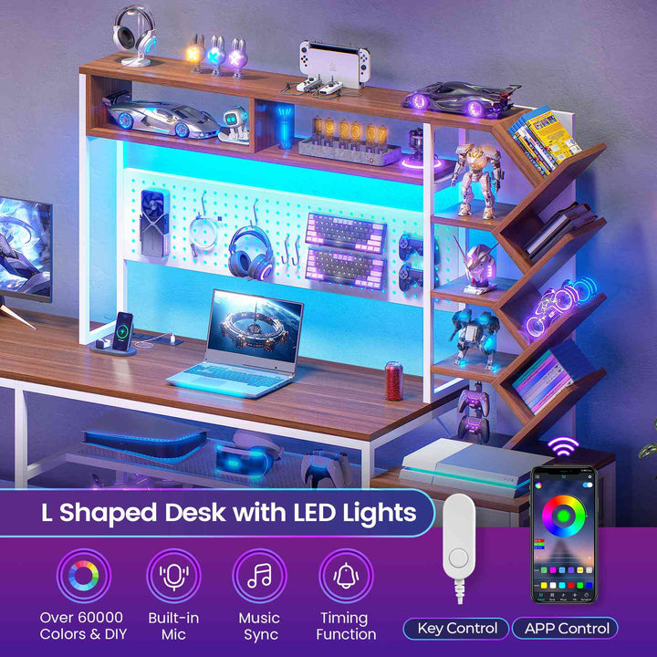 SEDETA 62.2 Inch L Shaped Gaming Desk with Hutch Convertible 97.6 Inch Two Person Office Desk with Drawers and Bookshelf Corner Computer Desk with Power Outlet LED Lights Pegboard