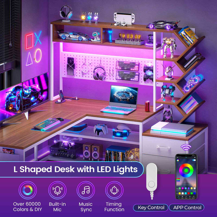 SEDETA 62.2 Inch L Shaped Gaming Desk with Hutch Convertible 97.6 Inch Two Person Office Desk with Drawers and Bookshelf Corner Computer Desk with Power Outlet LED Lights Pegboard
