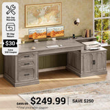 SEDETA® 70.9 Inch Vintage Computer Desk with Printer Stand & Power Outlet, Farmhouse Executive Home Office Desk, File Drawers, Storage Cabinet