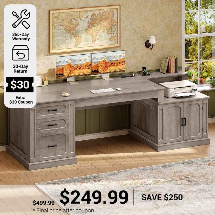 SEDETA® 70.9 Inch Vintage Computer Desk with Printer Stand & Power Outlet, Farmhouse Executive Home Office Desk, File Drawers, Storage Cabinet