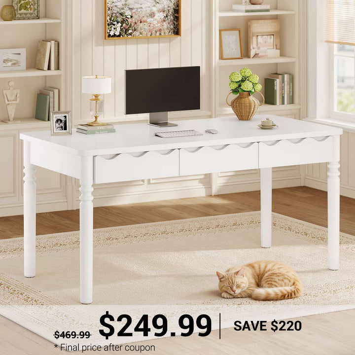 SEDETA 47 Inch Solid Pine Wood Computer Desk Executive Home Office Desk with 3 Wood Drawers for Work Study Writing Bedroom Makeup Vanity Desk