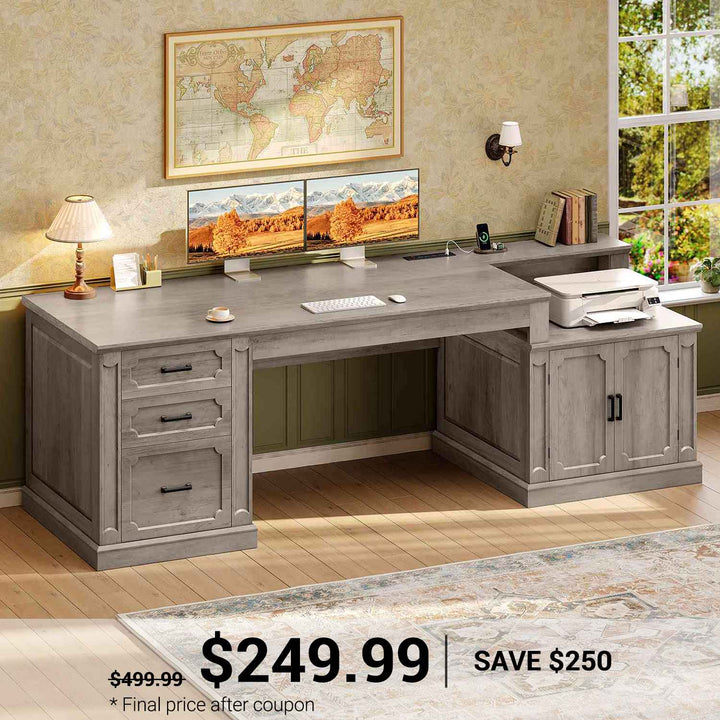 SEDETA® 70.9 Inch Vintage Computer Desk with Printer Stand & Power Outlet, Farmhouse Executive Home Office Desk, File Drawers, Storage Cabinet