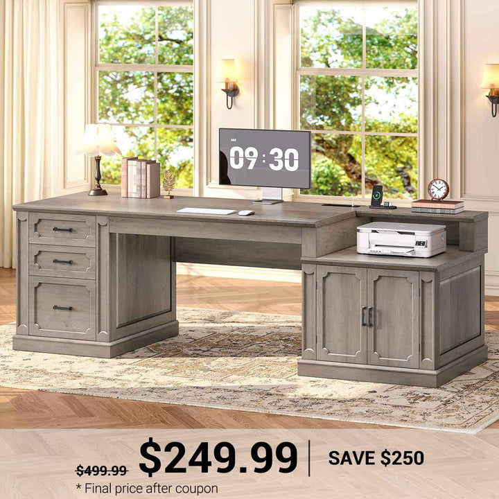 SEDETA® 70.9 Inch Vintage Computer Desk with Printer Stand & Power Outlet, Farmhouse Executive Home Office Desk, File Drawers, Storage Cabinet