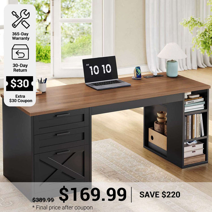 SEDETA 55.1 Inch Farmhouse Office Desk with 3 Drawers Computer Desk with Storage Shelves Executive Desk with Power Outlet