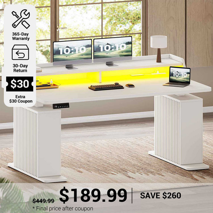 SEDETA 55 Inch Fluted Electric Standing Desk Ergonomic Height Adjustable Desk with Storage Power Outlets LED Lights