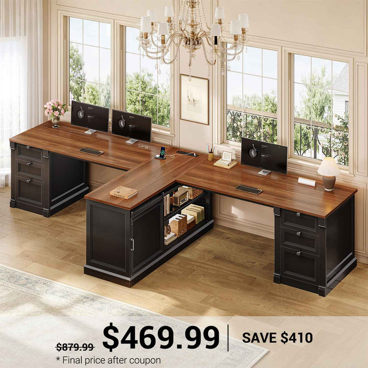 SEDETA 110.2 Inch Two Person Desk with 6 Drawers Farmhouse 2 Person Desk with Storage Shelves & Power Strip for Home Office T Shaped Office Desk with 2 Sliding Barn Doors